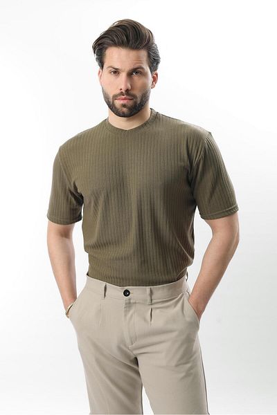 Madmext Khaki Textured Line Design Crew Neck Men's T-Shirt E7122