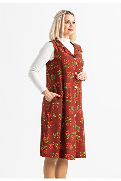 Eliş Şile Bezi Sleeveless Flannel Esra Midi Length Autumn and Winter Vest/Dress Burgundy Brd