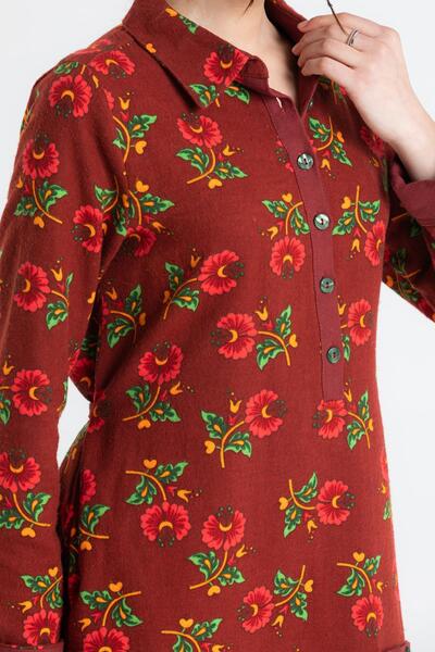 Eliş Şile Bezi Uzun Kol Pazen Çiçek Desen Midi Boy Şirin Sonbahar ve Kışlık Elbise Bordo Brd