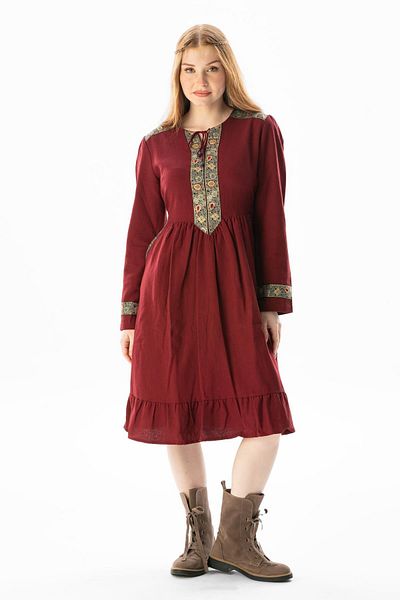 Eliş Şile Bezi Μακρυμάνικο Haseki Flannel Lacing Λεπτομερές κοντό φθινοπωρινό και χειμερινό φόρεμα μπορντό Brd