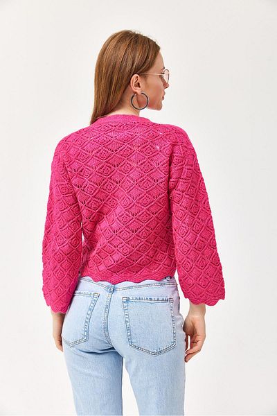 CALİENTE Balloon Sleeve Knitted Patterned Crop Knitwear Cardigan Fuchsia