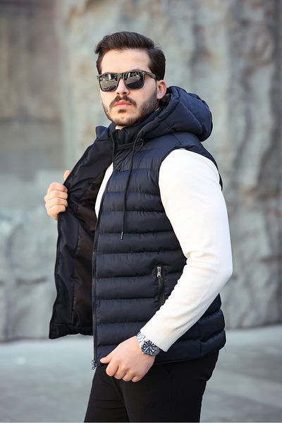 Mero Life Men's Navy Blue Standard Fit Detachable Hooded Zippered Puffer Vest with Pockets