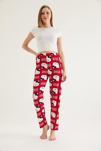 Raneel Kazançlı Alışveriş Pantaloni de pijama de damă cu talie elastică roșii