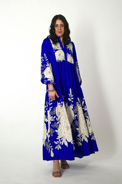 ABBRA Rochie de vară 100% viscoză, cu mâneci cu balon, cu guler judecător