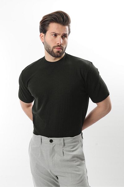 Madmext Black Textured Line Design Crew Neck Men's T-Shirt E7122