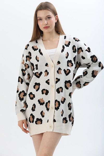 CALİENTE Leopard Pattern Buttoned Cardigan Beige