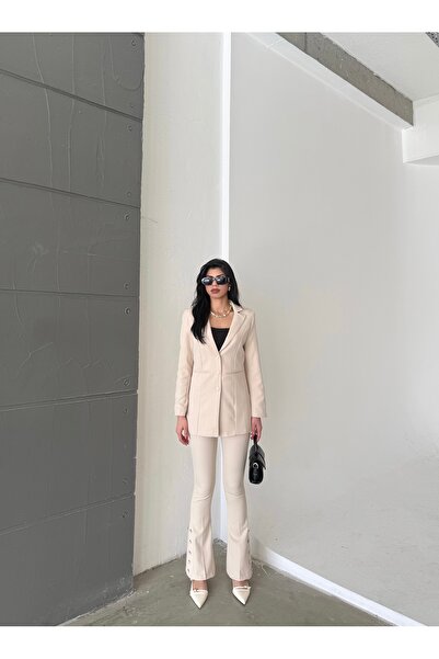Female Clothing Bej Fleto Cep Düğmeli Blazer Ceket Kemerli Ispanyol Paça Düğmeli Esnek Pantolon Takım Elbise