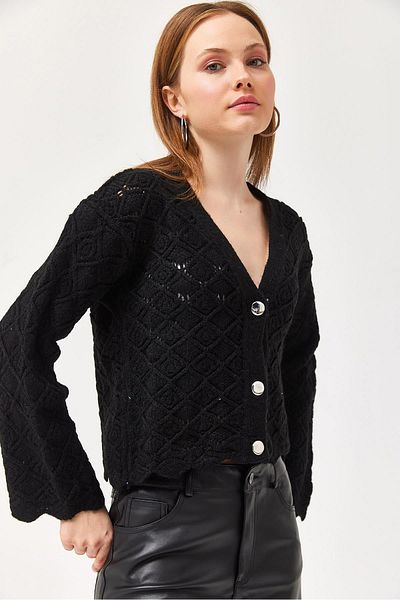 CALİENTE Balloon Sleeve Knitted Patterned Crop Knitwear Cardigan Black