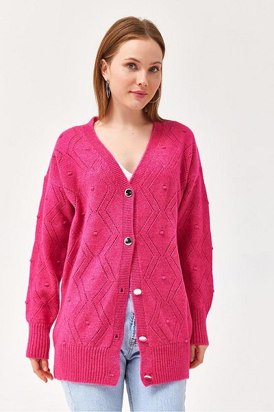 CALİENTE Openwork Metal Buttoned Knitwear Cardigan Fuchsia