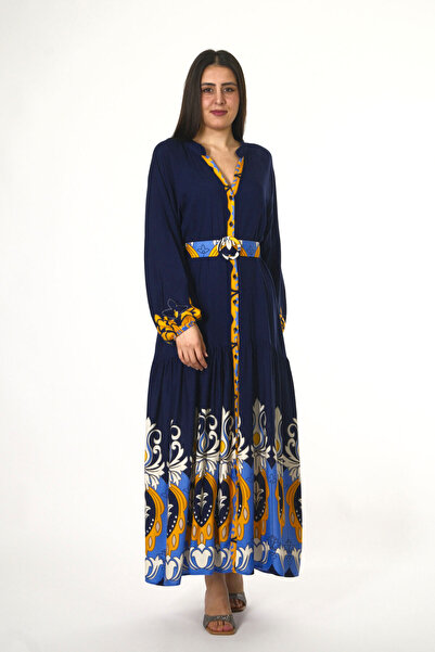 ABBRA Women's Prevailing Collar Buttoned Front Belted 100% Viscose Summer Dress