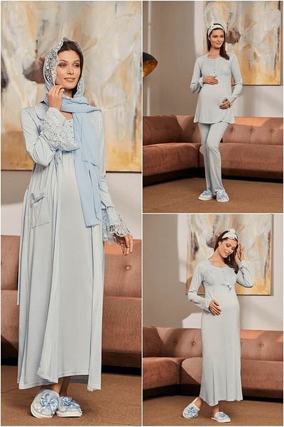 LOHOUSE Women's Blue Lace Shawl Design Maternity Nightgown-Robe and Pajama Set Set of 4