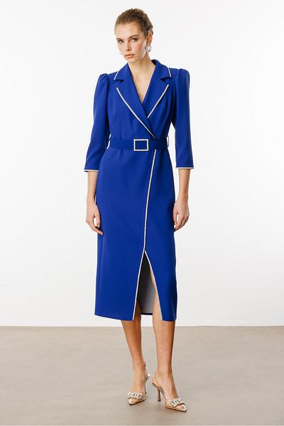 Moda İlgi Saks Blue - Fashion Stripe Stone Detailed Double Breasted Dress