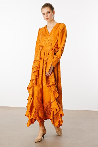 Moda İlgi Modailgi  Çift Volanlı Jakar Desenli Kruvaze Elbise Orange