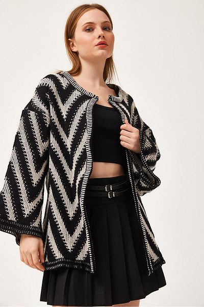 CALİENTE Waist Belted Patterned Knitwear Cardigan Black
