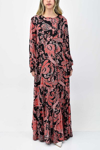 birizmoda Patterned Hijab Dress with Elastic Sleeves and Ruffle Detail - Red