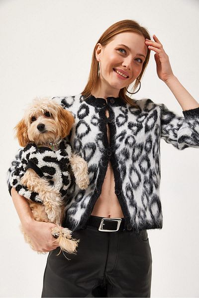 CALİENTE Leopard Pattern Bearded Knitwear Short Cardigan White