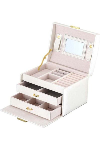 COOYA Fashionable PU Leather Jewelry Box, Three-layer Design Double Drawers Storage Case Organizer White