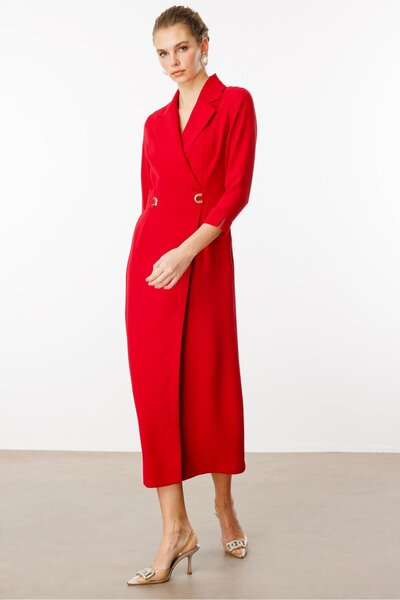 Moda İlgi Modailgi  Beli Aksesuarlı Cepli Kruvaze Elbise Kırmızı