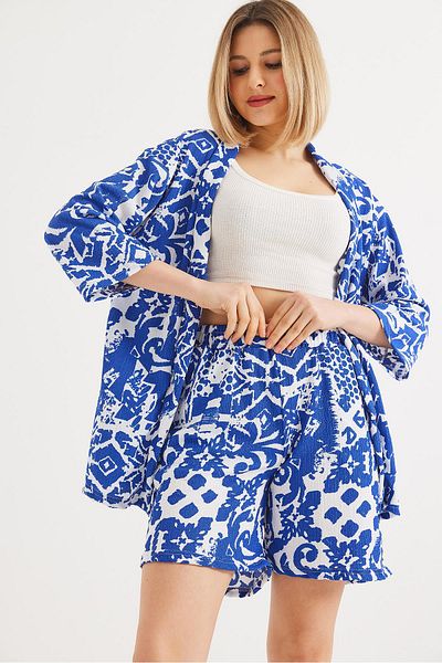 CALİENTE Ethnic Pattern Shorts Double Suit Blue