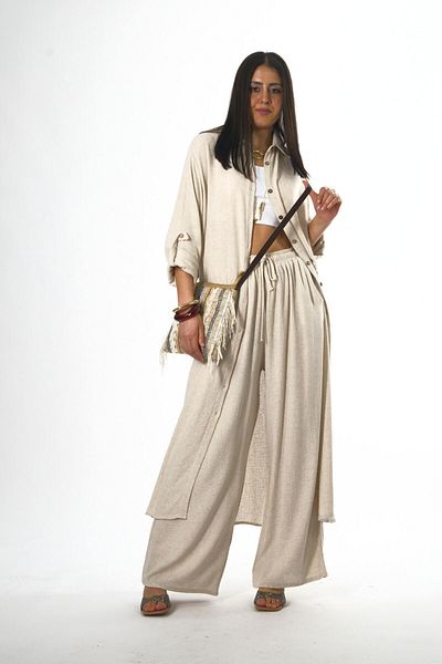 ABBRA Women's Cotton Tunic Set with Elastic Waist and Side Pockets