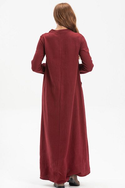 Eliş Şile Bezi Long Sleeve Sude Embroidered Flannel Long Autumn And Winter Dress Burgundy Brd