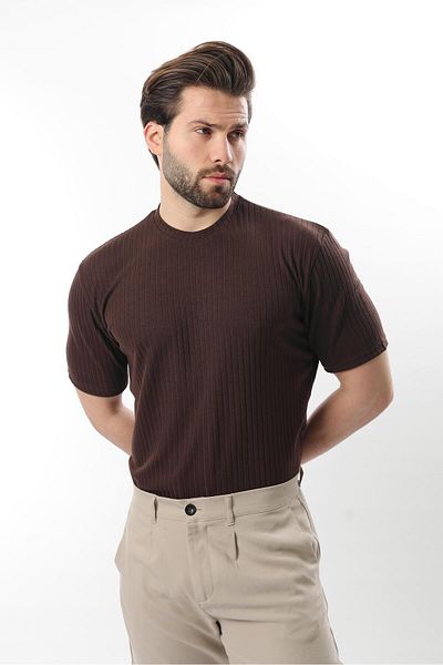 Madmext Brown Textured Line Design Crew Neck Men's T-Shirt E7122
