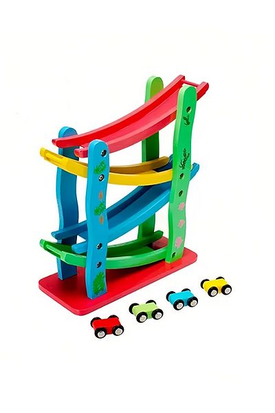 Yelajoy Colourful Wooden Track Race Toy Set,With Sliding Track,4 cars,Smooth Surface and No Burrs,For Kids