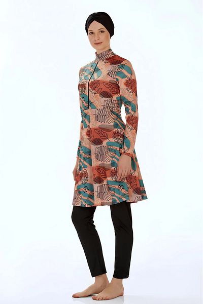 Elit Rosemary Milk Coffee Patterned Lycra Full Covered Hijab Swimsuit 9222