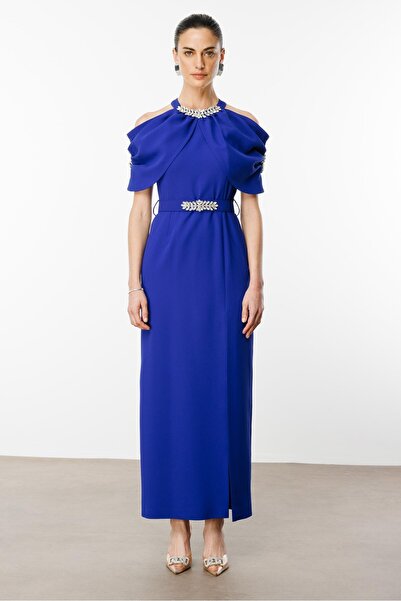 Moda İlgi Modailgi  Yakası ve Kemeri Aksesuar Detaylı Elbise Saks