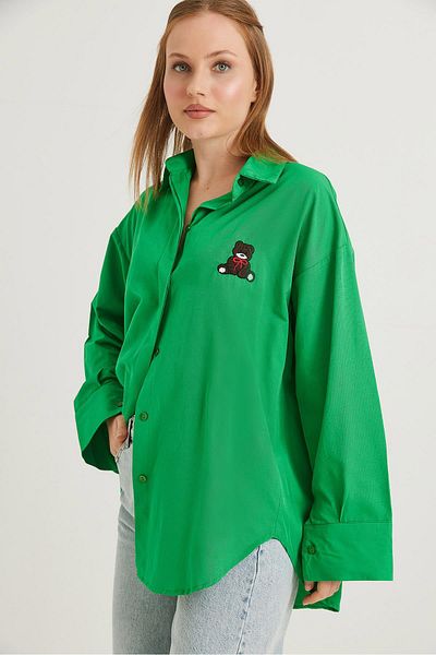 CALİENTE Cămașă de bază oversize brodata cu ursuleț verde