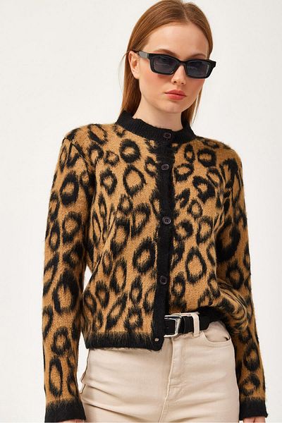 CALİENTE Leopard Pattern Bearded Knitwear Short Cardigan Mustard
