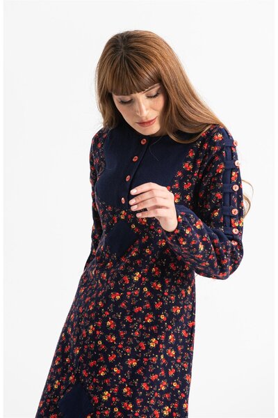 Eliş Şile Bezi Uzun Kol Pazen Eftelya Çıtır Desen Midi Boy Sonbahar ve Kışlık Elbise Lacivert Lcvt