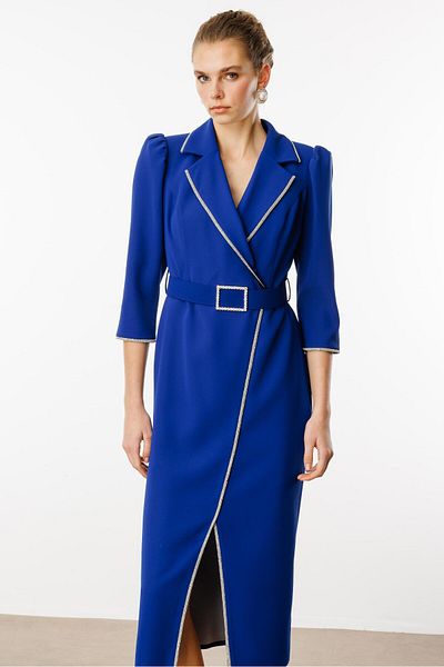 Moda İlgi Saks Blue - Fashion Stripe Stone Detailed Double Breasted Dress
