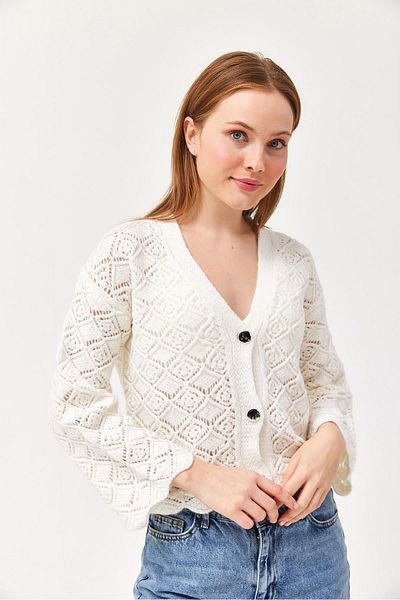 CALİENTE Balloon Sleeve Knitted Patterned Crop Knitwear Cardigan White