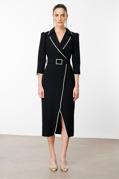 Moda İlgi Black Double-breasted Fashionable Dress - Stripe and Stone Detail