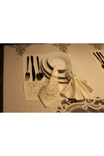 HUZUR ÇEYİZ Estrella Fransız Güpürlü Kendinden Runnerli 25 Parça Yemek Takımı