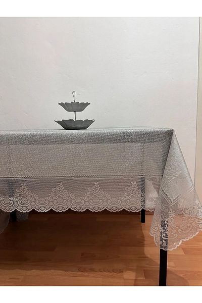 Çt Çeyizci Tekstil مفرش طاولة من الدانتيل منقوش عليه بلا قلق ومقاوم للبقع باللون الرمادي مقاس 160 × 220 سم