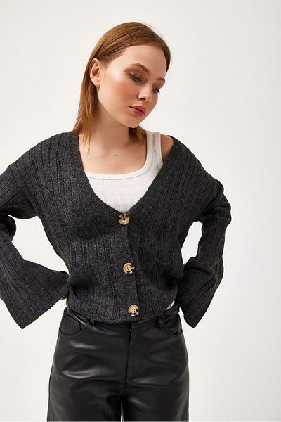 CALİENTE Double Breasted Collar Buttoned Knitwear Cardigan Smoked