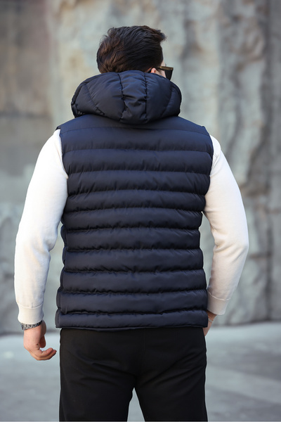 Mero Life Чоловічий синій стандартний крій знімний капюшон з кишенями на блискавці надувний жилет