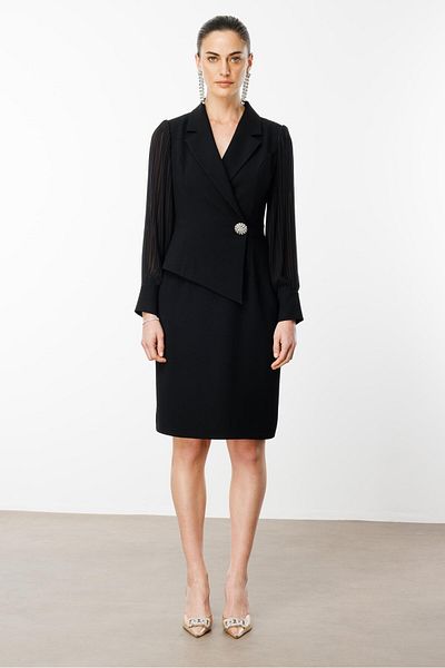 Moda İlgi Modailgi Sleeves Pleated Double Breasted Midi Dress Black