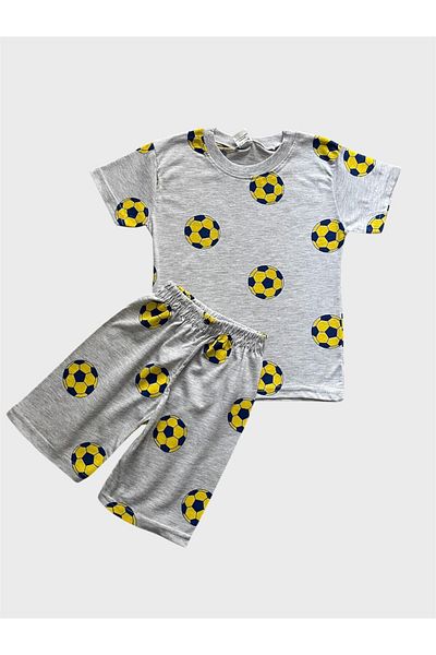 ALİŞ KİDS Boys' Cotton Gray Football Patterned Short Sleeve Shorts Summer Pajama Set