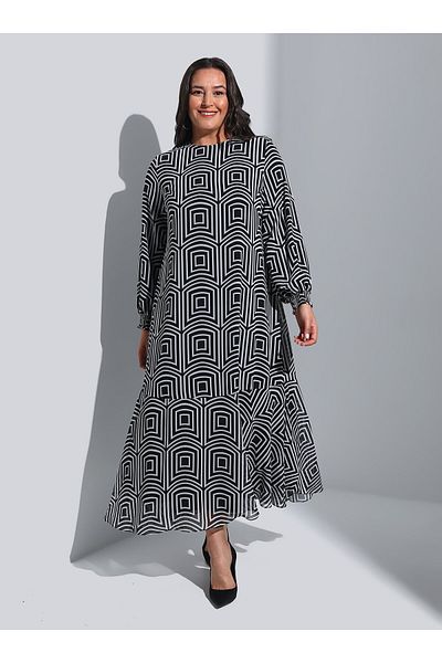ALİA Plus Size Patterned Chiffon Hijab Dress - Black - Alia