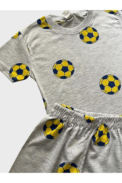 ALİŞ KİDS Boys' Cotton Gray Football Patterned Short Sleeve Shorts Summer Pajama Set