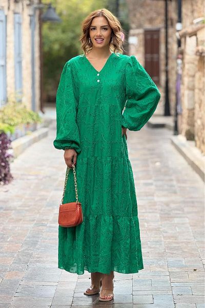 Nevin Kaya Moda Green V-Neck Scalloped Lined Dress