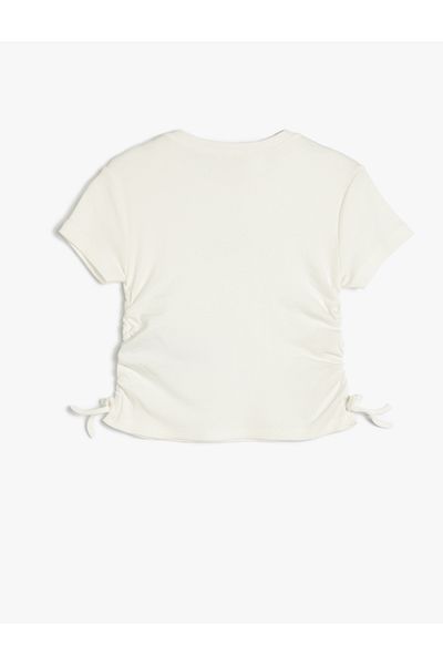 Koton Crew Neck Crop T-Shirt with Drawstring Detail and Slogan Printed Cotton