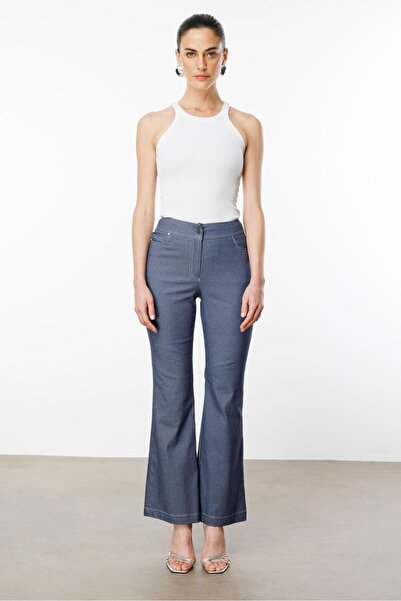 Moda İlgi Modailgi  Yüksek Bel İspanyol Paça Spor Dikişli Pantolon - 75201 İndigo