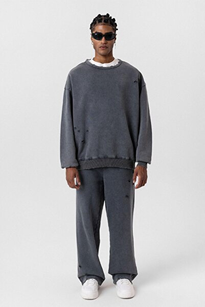 VAMOSCLO بدلة رياضية كبيرة الحجم مغسولة وممزقة باللون الأسود