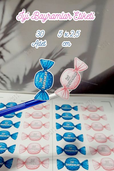 Burak Baskı Tasarım Pink Blue Candy Designed Happy Holidays Label 5 X 2.5 cm 30 Pcs Packaging Ornament