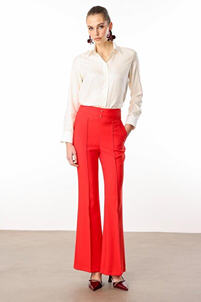 Moda İlgi Modailgi  Kemeri Metal Aksesuarlı İspanyol Paça Pantolon - 7598 Mercan