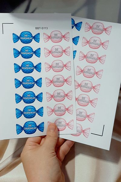 Burak Baskı Tasarım Pink Blue Candy Designed Happy Holidays Label 5 X 2.5 cm 30 Pcs Packaging Ornament
